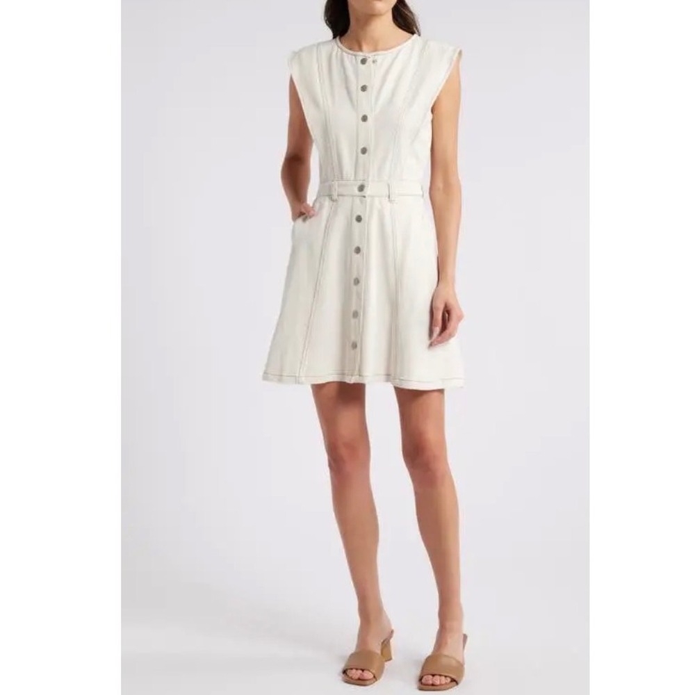 Mila Mae Beige Cotton Denim Button Front Mini Dress Cream Sleeveless Size S